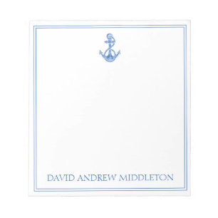 Coastal Preppy Blue and White Anchor Personalised Notepad