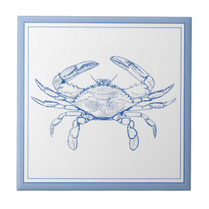 Coastal Preppy Blue and White Crab Ceramic Tile