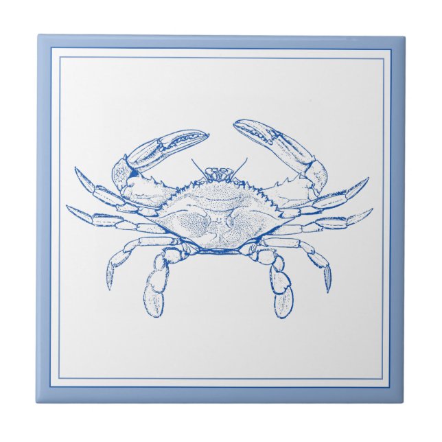 Coastal Preppy Blue and White Crab Ceramic Tile (Front)