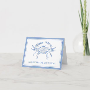 Coastal Preppy Blue and White Crab Personalised Note Card