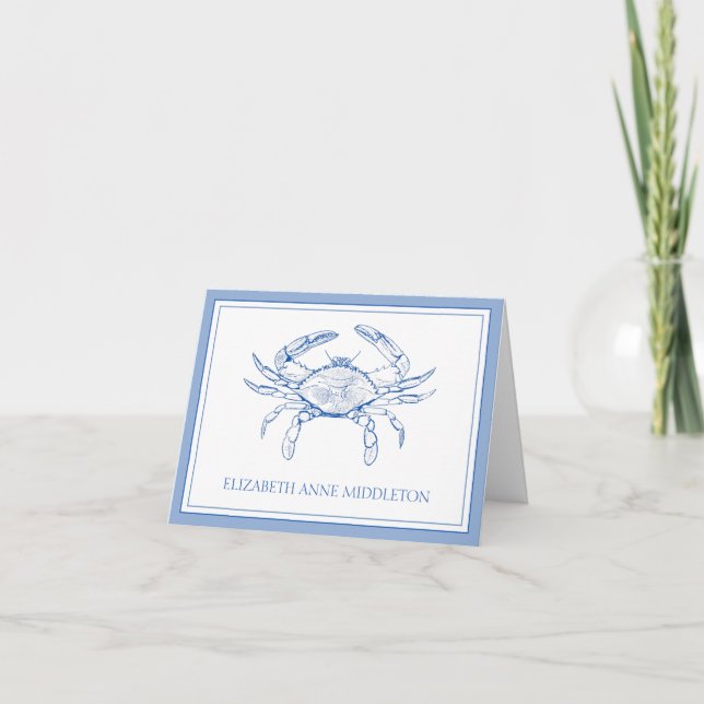 Coastal Preppy Blue and White Crab Personalised Note Card (Front)
