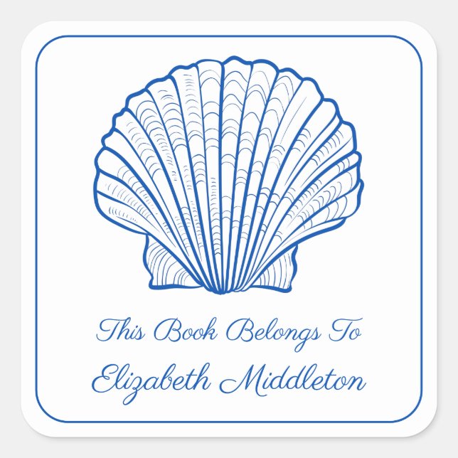 Coastal Preppy Blue and White Shell Bookplate Square Sticker (Front)