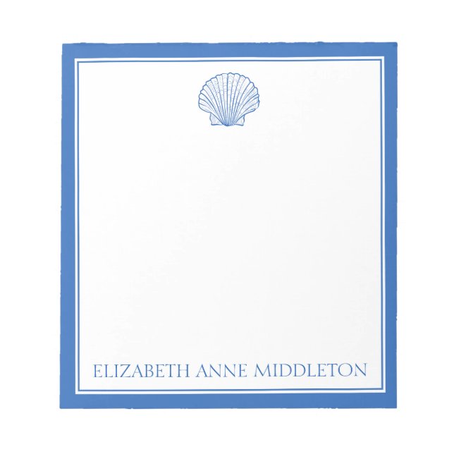 Coastal Preppy Blue and White Shell Personalised Notepad (Front)