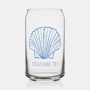 Coastal Preppy Blue and White Shells Personalized Can Glass