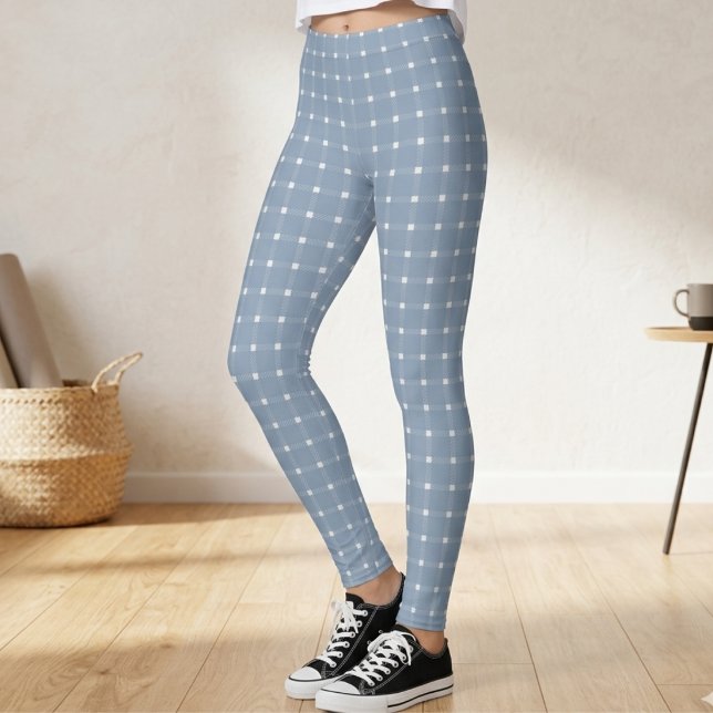 Coastal Preppy Dusty Blue Gingham Pattern Leggings (Creator Uploaded)