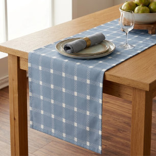 Coastal Preppy Dusty Blue Gingham Plaid Short Table Runner