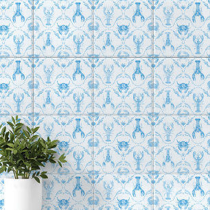 Coastal Preppy Lobster and Crabs in Light Blue Ceramic Tile