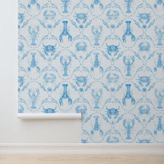 Coastal Preppy Lobster and Crabs in Light Blue Wallpaper