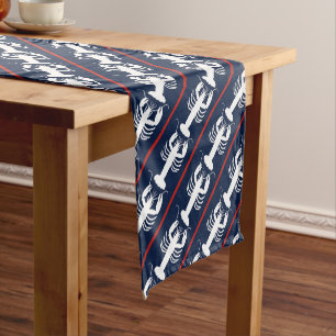 Coastal Preppy Lobster Pattern Red White and Blue Short Table Runner