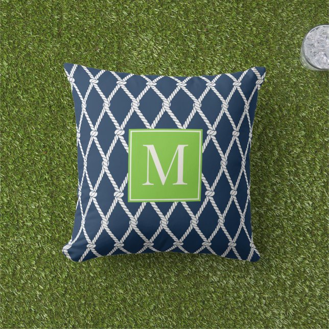 Coastal Preppy Nautical Monogram – Navy & Lime Cushion (Grass)