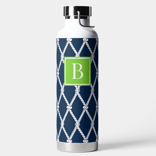 Coastal Preppy Nautical Monogram - Navy & Lime Water Bottle (Left)