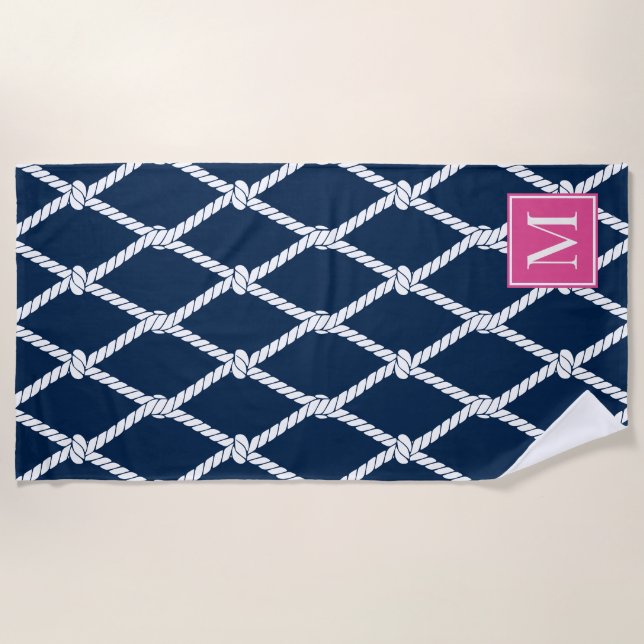 Coastal Preppy Nautical Monogram  – Navy & Pink Beach Towel (Front)