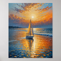 Coastal Radiant Sunset Sailboat Oil Painting Wall