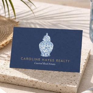 Coastal Real Estate Agent Ginger Jar Logo Blue Business Card