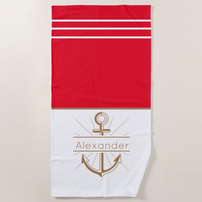 Coastal Red Anchor Nautical Monogram Name Bath Tow Beach Towel (Front)