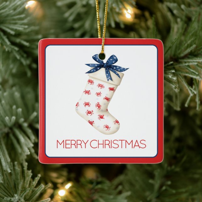 Coastal Red Crab Christmas Stocking Ceramic Ornament (Tree)
