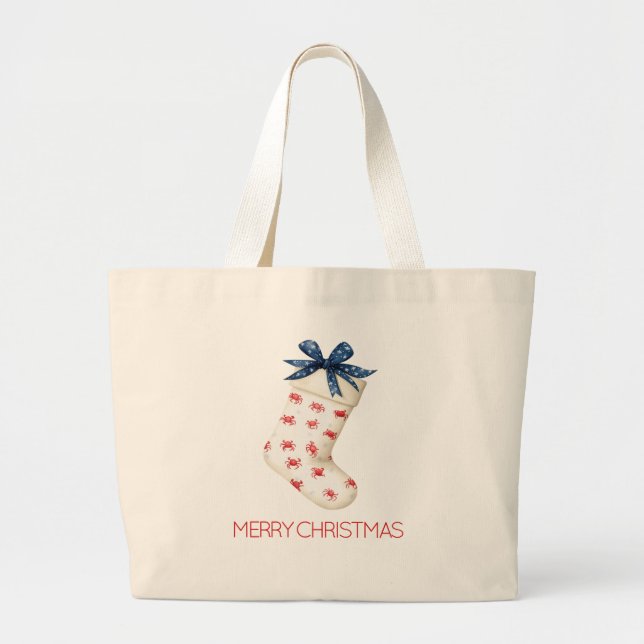 Coastal Red Crab Christmas Stocking Large Tote Bag (Front)