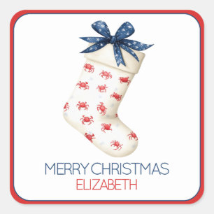 Coastal Red Crab Christmas Stocking Square Sticker