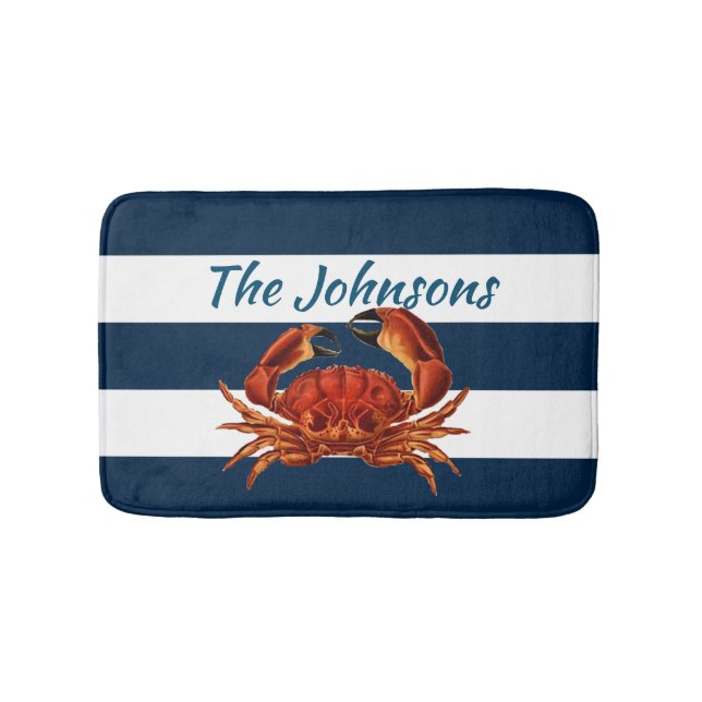 Coastal Red Crab Nautical Stripes Bath Mat (Front)