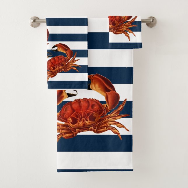 Coastal Red Crab Nautical Stripes Bath Towel Set (Insitu)