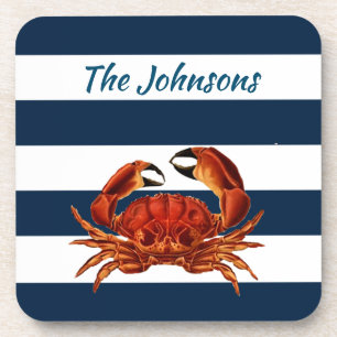 Coastal Red Crab Nautical Stripes Coaster