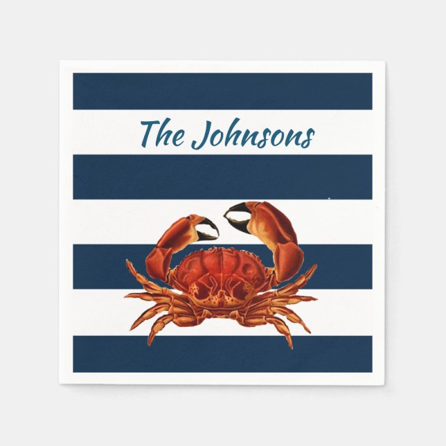 Coastal Red Crab Nautical Stripes Napkin (Front)