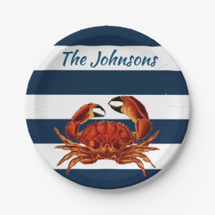 Coastal Red Crab Nautical Stripes Paper Plate