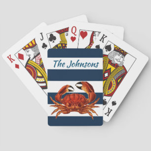 Coastal Red Crab Nautical Stripes Playing Cards