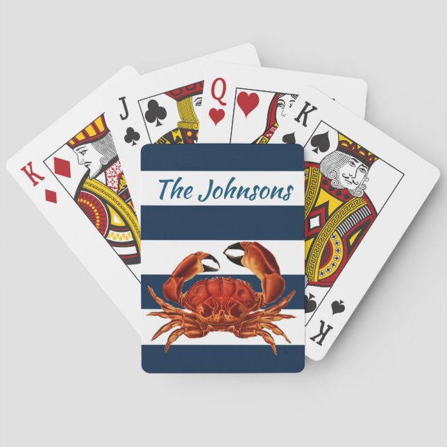 Coastal Red Crab Nautical Stripes Playing Cards (Back)