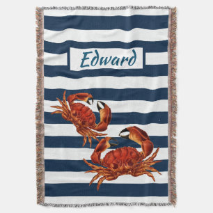 Coastal Red Crab Nautical Stripes Throw Blanket