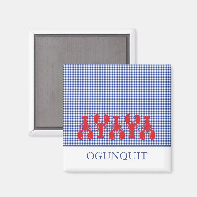 Coastal Red Lobsters LOCATION Blue White Check Magnet (Front/Back)
