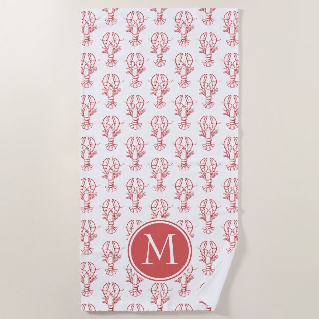 Coastal Red Lobsters on White Monogram Beach Towel (Front)