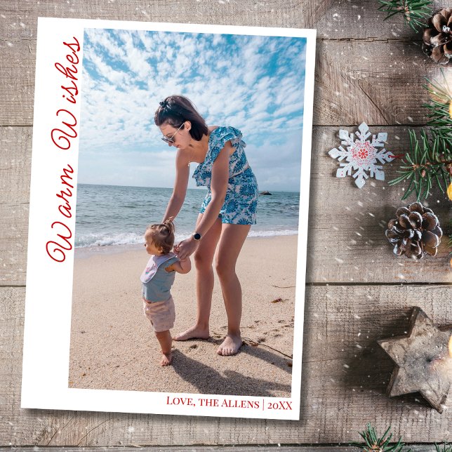 Coastal Red Warm Wishes Two Beach Family Photo  Holiday Card (Creator Uploaded)