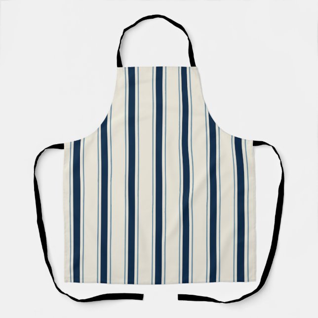 Coastal Resort Awning Stripe Kitchen Nautical Navy Apron (Front)