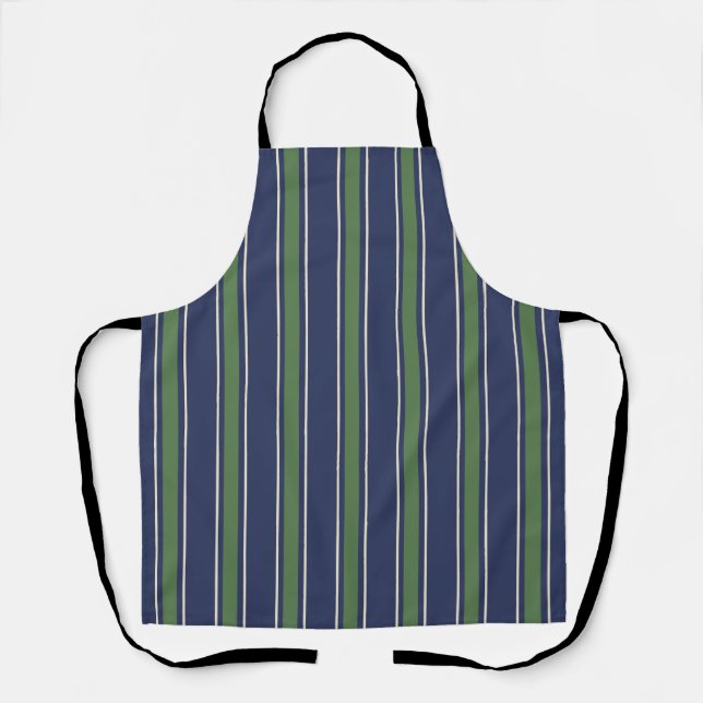 Coastal Resort Awning Stripe Kitchen Navy Green Apron (Front)