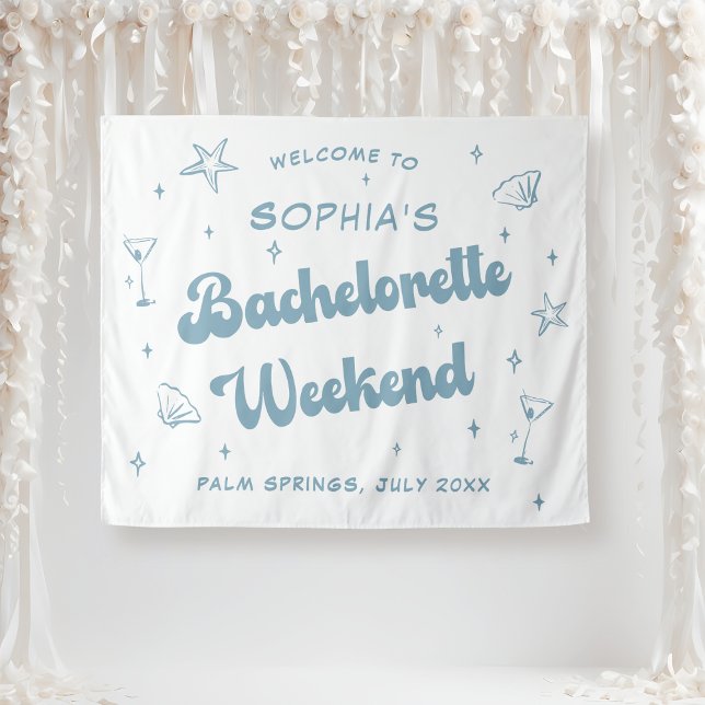 Coastal Retro Beach Dusty Blue Bachelorette Tapestry (Creator Uploaded)