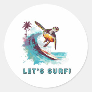 Coastal Retro Surfing Turtle - Let's Surf Classic Round Sticker