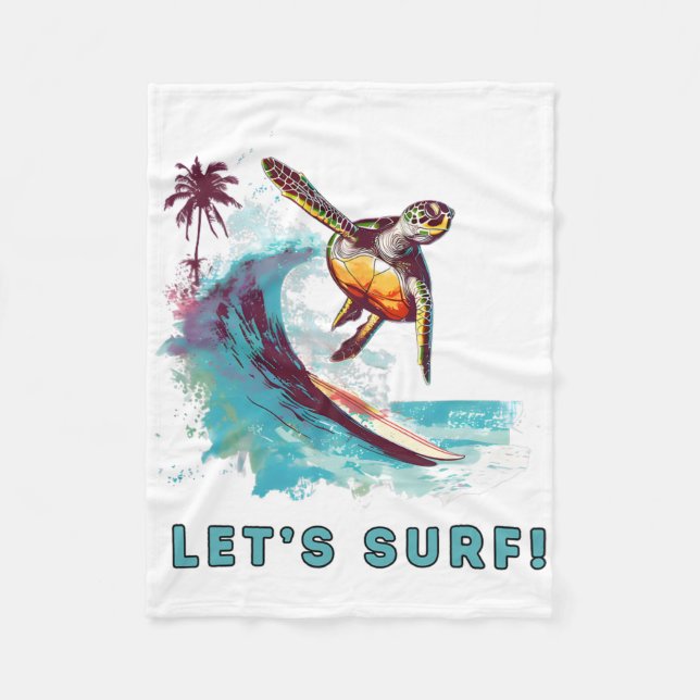 Coastal Retro Surfing Turtle - Let's Surf  Fleece Blanket (Front)