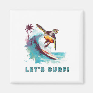 Coastal Retro Surfing Turtle - Let's Surf Magnet
