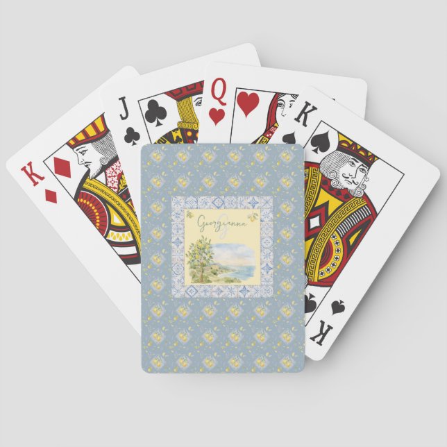Coastal Riviera Monogram Tile Lemon Pattern Playing Cards (Back)
