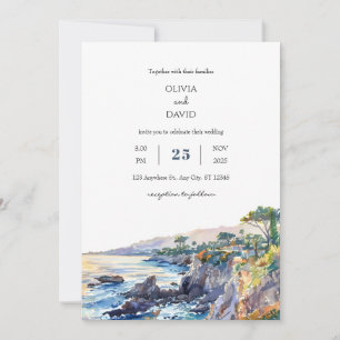 Coastal Rocky Cove Golden Sunset Beach Wedding Invitation