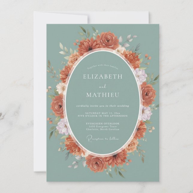 Coastal Rust Teal Wreath Wedding Invitation (Front)