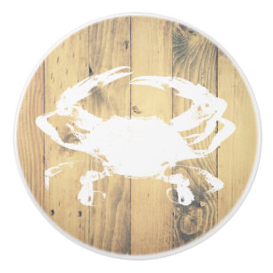 Coastal Rustic Wood Planks White Crab Monogram Ceramic Knob