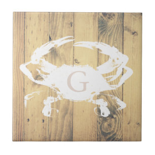 Coastal Rustic Wood Planks White Crab   Monogram Ceramic Tile
