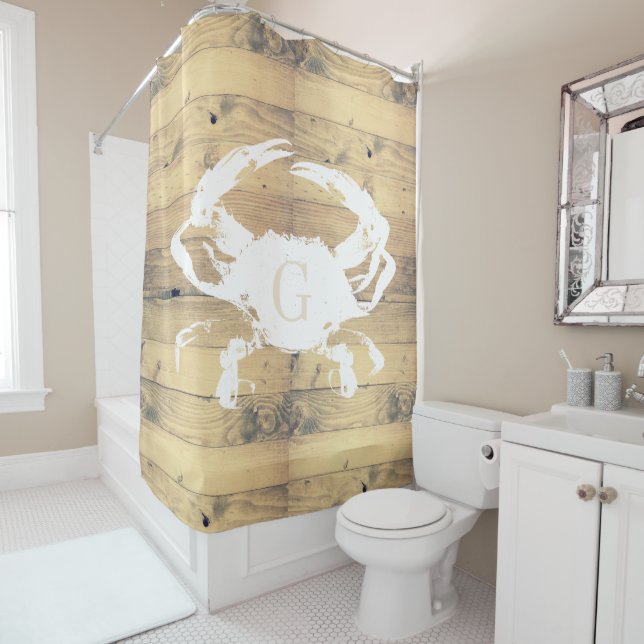 Coastal Rustic Wood Planks White Crab | Monogram Shower Curtain (In Situ)