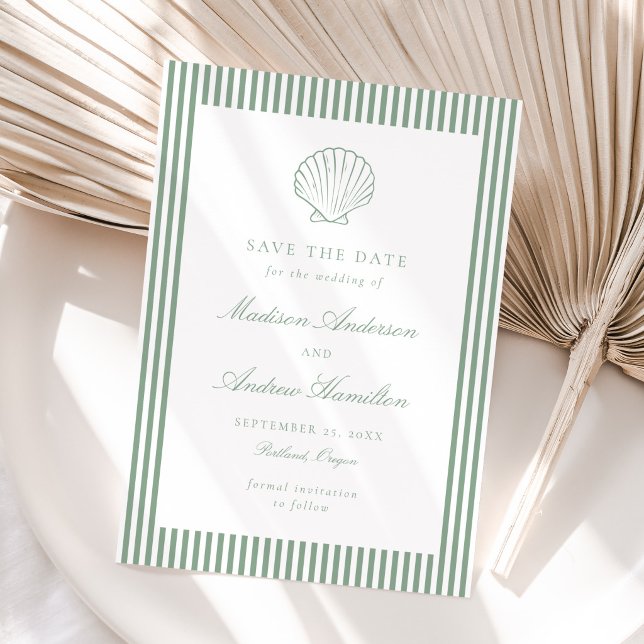 Coastal Sage Stripe Shell Wedding Save the Date (Creator Uploaded)