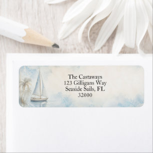 Coastal Sailboat Scene Pastel Blue Beige Return Address Label