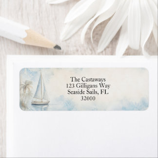 Coastal Sailboat Scene Pastel Blue Beige Return Address Label