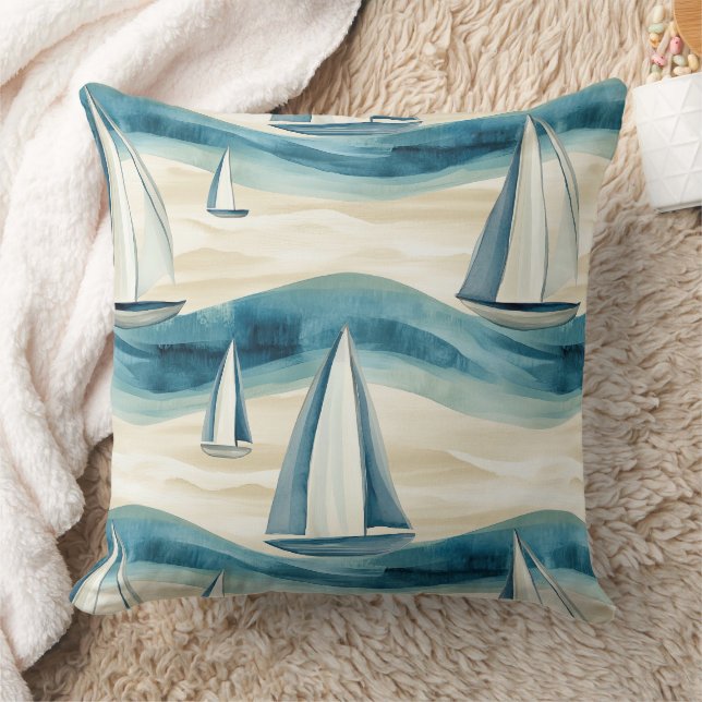 Coastal Sailboat Waves Nautical Pattern (1) Cushion (Blanket)