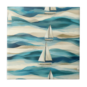 Coastal Sailboat Waves Nautical Pattern (2) Ceramic Tile